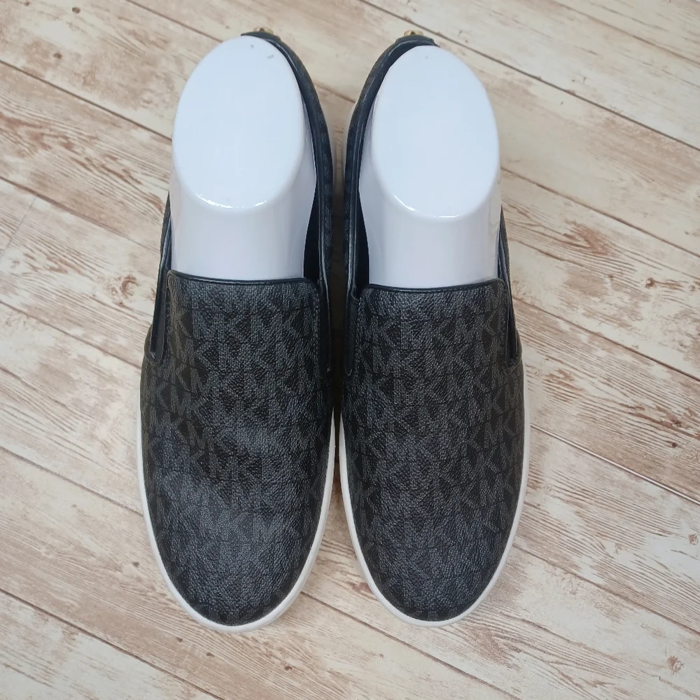 Michael Kors Slip On Laceless Sneakers Black White Gold Women's Size 8.5